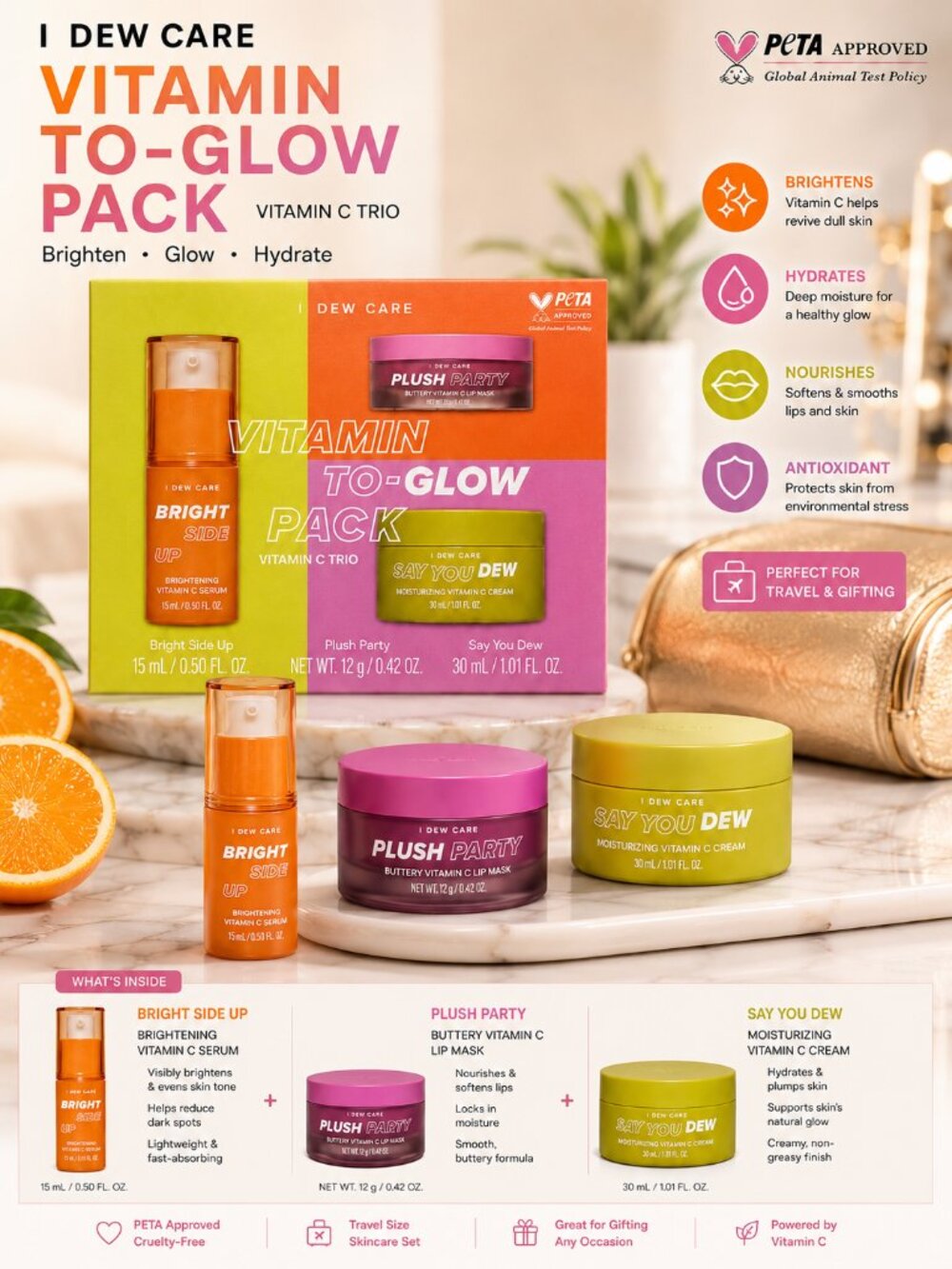 I Dew Care Vitamin To-Glow Pack 3pc Vitamin C Serum Lip Mask Face Cream Set